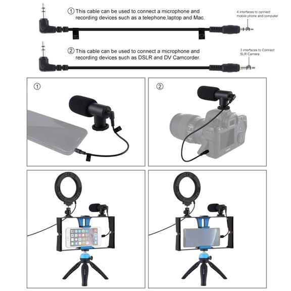 PULUZ 4 in 1 Vlogging Live Broadcast Smartphone Video Rig + 4.7 inch 12cm RGBW Ring LED Selfie Light + Microphone + Pocket Tripod Mount Kits with Cold Shoe Tripod Head(Blue)