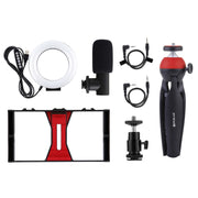 PULUZ 4 in 1 Vlogging Live Broadcast Smartphone Video Rig + 4.7 inch 12cm RGBW Ring LED Selfie Light + Microphone + Pocket Tripod Mount Kits with Cold Shoe Tripod Head(Red)