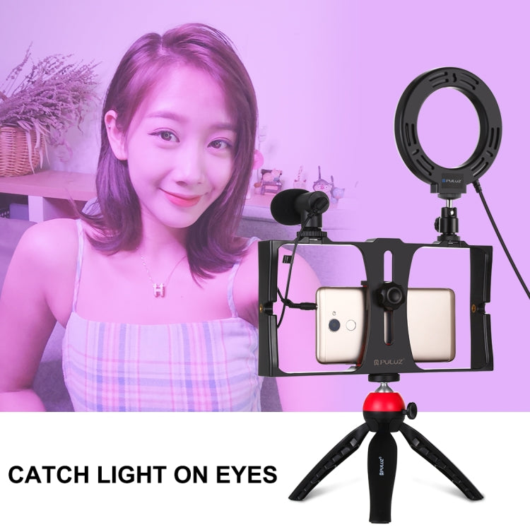 PULUZ 4 in 1 Vlogging Live Broadcast Smartphone Video Rig + 4.7 inch 12cm RGBW Ring LED Selfie Light + Microphone + Pocket Tripod Mount Kits with Cold Shoe Tripod Head(Red) - free shipping - PMC TechLife - Order now!