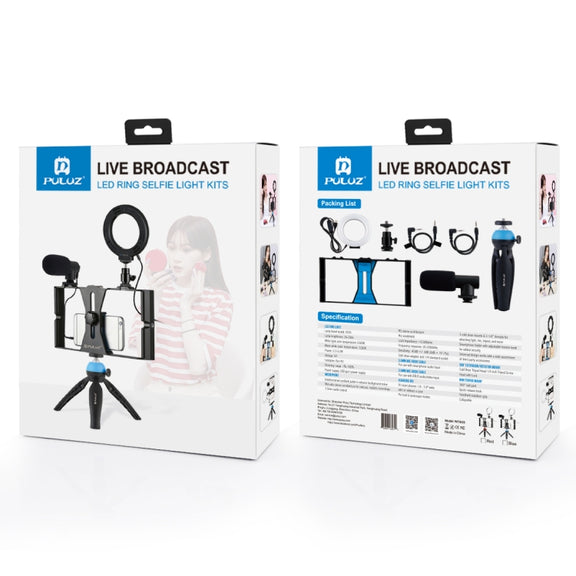 PULUZ 4 in 1 Vlogging Live Broadcast Smartphone Video Rig + 4.7 inch 12cm RGBW Ring LED Selfie Light + Microphone + Pocket Tripod Mount Kits with Cold Shoe Tripod Head(Red)