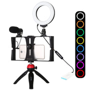 PULUZ 4 in 1 Vlogging Live Broadcast Smartphone Video Rig + 4.7 inch 12cm RGBW Ring LED Selfie Light + Microphone + Pocket Tripod Mount Kits with Cold Shoe Tripod Head(Red)