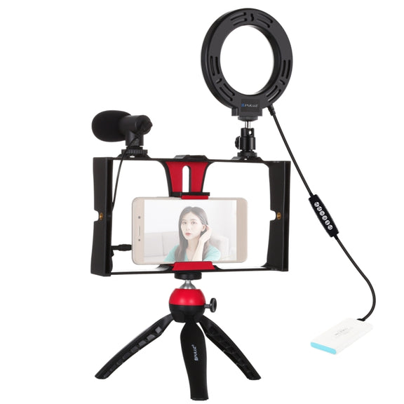 PULUZ 4 in 1 Vlogging Live Broadcast Smartphone Video Rig + 4.7 inch 12cm RGBW Ring LED Selfie Light + Microphone + Pocket Tripod Mount Kits with Cold Shoe Tripod Head(Red)