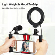 PULUZ 4 in 1 Vlogging Live Broadcast Smartphone Video Rig + 4.7 inch 12cm RGBW Ring LED Selfie Light + Microphone + Pocket Tripod Mount Kits with Cold Shoe Tripod Head(Red)