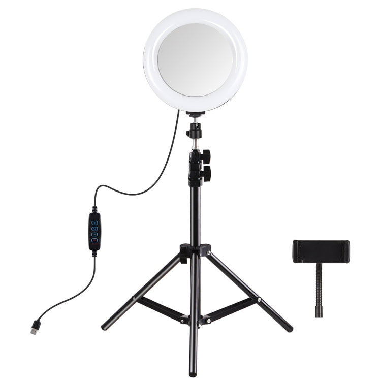 PULUZ 7.9 inch 20cm Mirror Light+ 1.1m Tripod Mount USB 3 Modes Dimmable Dual Color Temperature LED Curved Light Ring Vlogging Selfie Photography Video Lights with Mirror & Phone Clamp(Black) - free shipping - PMC Jewellery - Order now!