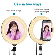 PULUZ 7.9 inch 20cm Mirror Light+ 1.1m Tripod Mount USB 3 Modes Dimmable Dual Color Temperature LED Curved Light Ring Vlogging Selfie Photography Video Lights with Mirror & Phone Clamp(Black)