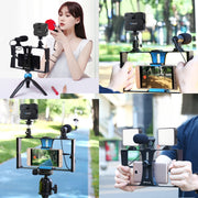 PULUZ 4 in 1 Vlogging Live Broadcast LED Selfie Fill Light Smartphone Video Rig Kits with Microphone + Tripod Mount + Cold Shoe Tripod Head for iPhone, Galaxy, Huawei, Xiaomi, HTC, LG, Google, and Other Smartphones (Blue)