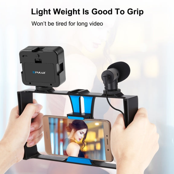 PULUZ 4 in 1 Vlogging Live Broadcast LED Selfie Fill Light Smartphone Video Rig Kits with Microphone + Tripod Mount + Cold Shoe Tripod Head for iPhone, Galaxy, Huawei, Xiaomi, HTC, LG, Google, and Other Smartphones (Blue)