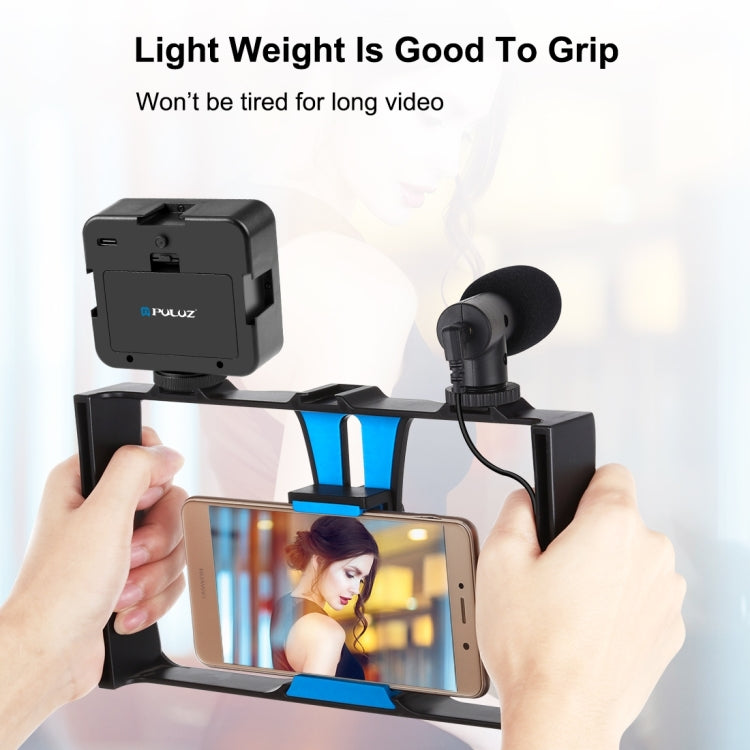 PULUZ 4 in 1 Vlogging Live Broadcast LED Selfie Fill Light Smartphone Video Rig Kits with Microphone + Tripod Mount + Cold Shoe Tripod Head for iPhone, Galaxy, Huawei, Xiaomi, HTC, LG, Google, and Other Smartphones (Blue)