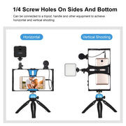 PULUZ 4 in 1 Vlogging Live Broadcast LED Selfie Fill Light Smartphone Video Rig Kits with Microphone + Tripod Mount + Cold Shoe Tripod Head for iPhone, Galaxy, Huawei, Xiaomi, HTC, LG, Google, and Other Smartphones (Blue)
