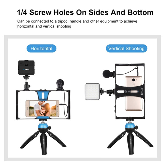 PULUZ 4 in 1 Vlogging Live Broadcast LED Selfie Fill Light Smartphone Video Rig Kits with Microphone + Tripod Mount + Cold Shoe Tripod Head for iPhone, Galaxy, Huawei, Xiaomi, HTC, LG, Google, and Other Smartphones (Blue)