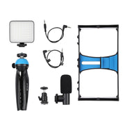 PULUZ 4 in 1 Vlogging Live Broadcast LED Selfie Fill Light Smartphone Video Rig Kits with Microphone + Tripod Mount + Cold Shoe Tripod Head for iPhone, Galaxy, Huawei, Xiaomi, HTC, LG, Google, and Other Smartphones (Blue)