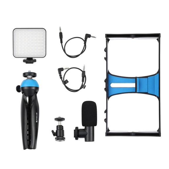 PULUZ 4 in 1 Vlogging Live Broadcast LED Selfie Fill Light Smartphone Video Rig Kits with Microphone + Tripod Mount + Cold Shoe Tripod Head for iPhone, Galaxy, Huawei, Xiaomi, HTC, LG, Google, and Other Smartphones (Blue)