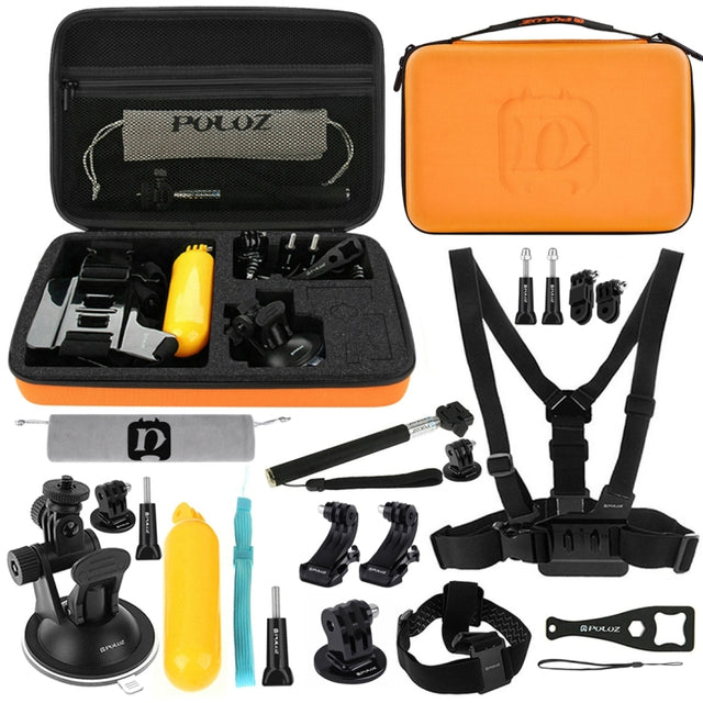 PULUZ 20 in 1 Accessories Combo Kits with Orange EVA Case (Chest Strap + Head Strap + Suction Cup Mount + 3-Way Pivot Arm + J-Hook Buckles + Extendable Monopod + Tripod Adapter + Bobber Hand Grip + St ...  for GoPro, Insta360, DJI and Other Action Cameras