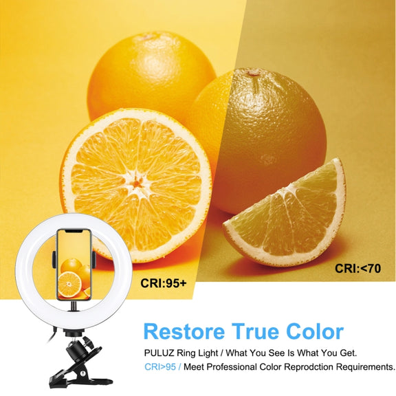PULUZ 7.9 inch 20cm Ring Selfie Light + Monitor Clip 3 Modes USB Dimmable Dual Color Temperature LED Curved Vlogging Photography Video Lights Kits with Phone Clamp(Black)