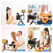 PULUZ 4 in 1 Bluetooth Handheld Vlogging Live Broadcast LED Selfie Light Smartphone Video Rig Kits with Microphone + Tripod Mount + Cold Shoe Tripod Head for iPhone, Galaxy, Huawei, Xiaomi, HTC, LG, Google, and Other Smartphones(Blue)