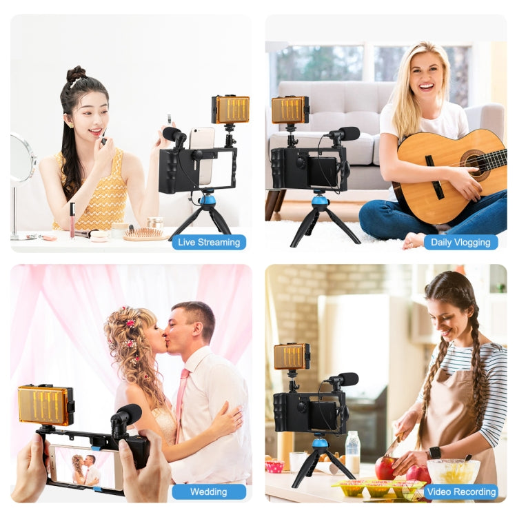 PULUZ 4 in 1 Bluetooth Handheld Vlogging Live Broadcast LED Selfie Light Smartphone Video Rig Kits with Microphone + Tripod Mount + Cold Shoe Tripod Head for iPhone, Galaxy, Huawei, Xiaomi, HTC, LG, Google, and Other Smartphones(Blue)