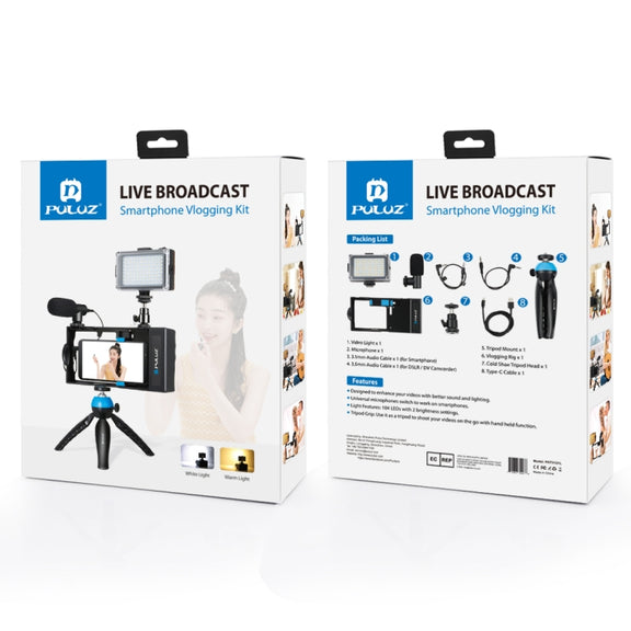 PULUZ 4 in 1 Bluetooth Handheld Vlogging Live Broadcast LED Selfie Light Smartphone Video Rig Kits with Microphone + Tripod Mount + Cold Shoe Tripod Head for iPhone, Galaxy, Huawei, Xiaomi, HTC, LG, Google, and Other Smartphones(Blue)