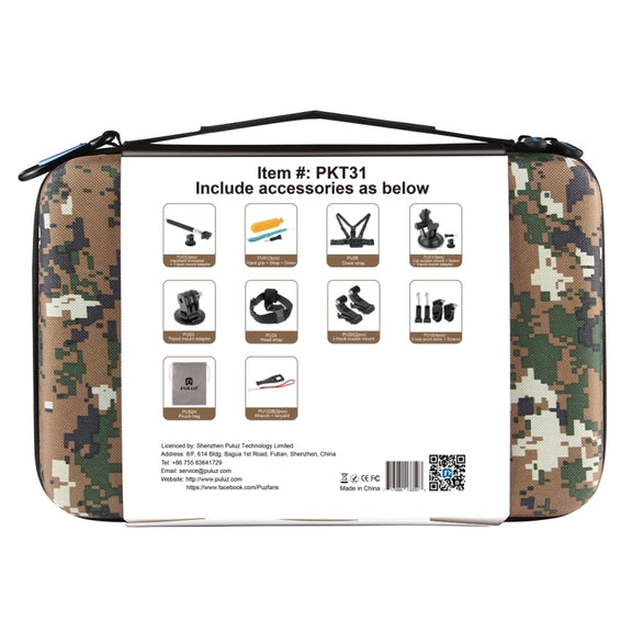 PULUZ 20 in 1 Accessories Combo Kit with Camouflage EVA Case (Chest Strap + Head Strap + Suction Cup Mount + 3-Way Pivot Arm + J-Hook Buckles + Extendable Monopod + Tripod Adapter + Bobber Hand Grip + ...  for GoPro, Insta360, DJI and Other Action Cameras