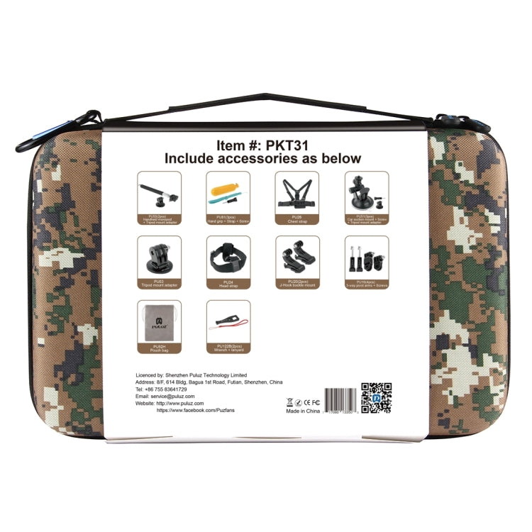 PULUZ 20 in 1 Accessories Combo Kit with Camouflage EVA Case (Chest Strap + Head Strap + Suction Cup Mount + 3-Way Pivot Arm + J-Hook Buckles + Extendable Monopod + Tripod Adapter + Bobber Hand Grip + ...  for GoPro, Insta360, DJI and Other Action Cameras
