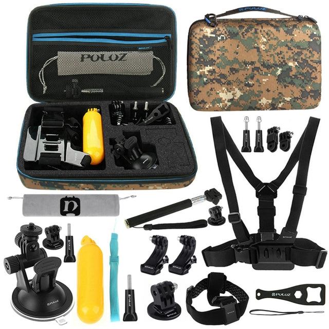 PULUZ 20 in 1 Accessories Combo Kit with Camouflage EVA Case (Chest Strap + Head Strap + Suction Cup Mount + 3-Way Pivot Arm + J-Hook Buckles + Extendable Monopod + Tripod Adapter + Bobber Hand Grip + ...  for GoPro, Insta360, DJI and Other Action Cameras