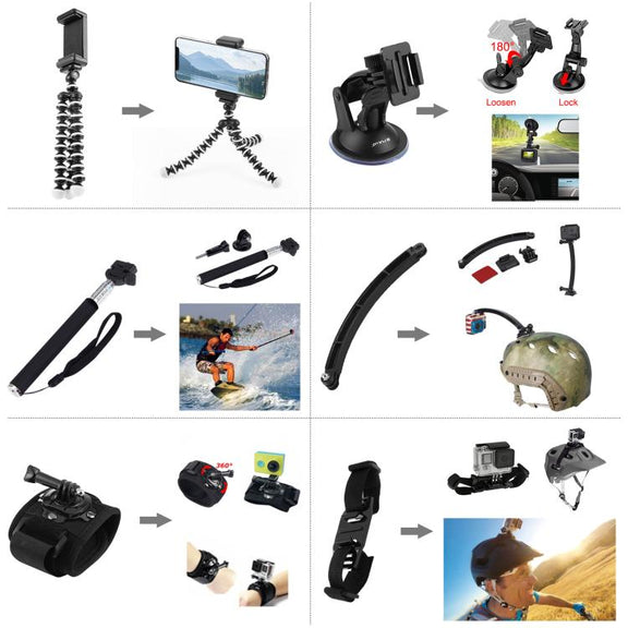 PULUZ 50 in 1 Accessories Total Ultimate Combo Kits with EVA Case (Chest Strap + Suction Cup Mount + 3-Way Pivot Arms + J-Hook Buckle + Wrist Strap + Helmet Strap + Extendable Monopod + Surface Mounts ...  for GoPro, Insta360, DJI and Other Action Cameras
