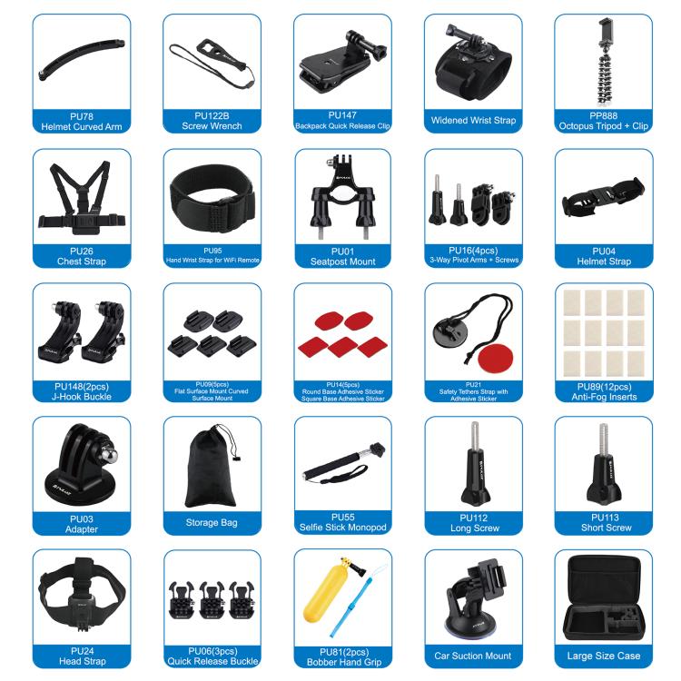 PULUZ 50 in 1 Accessories Total Ultimate Combo Kits with EVA Case (Chest Strap + Suction Cup Mount + 3-Way Pivot Arms + J-Hook Buckle + Wrist Strap + Helmet Strap + Extendable Monopod + Surface Mounts ...  for GoPro, Insta360, DJI and Other Action Cameras
