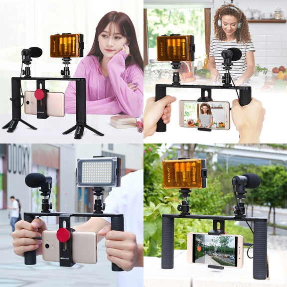 PULUZ Vlogging Live Broadcast Smartphone Video Rig Filmmaking Recording Handle Stabilizer Aluminum Bracket for iPhone, Galaxy, Huawei, Xiaomi, HTC, LG, Google, and Other Smartphones
