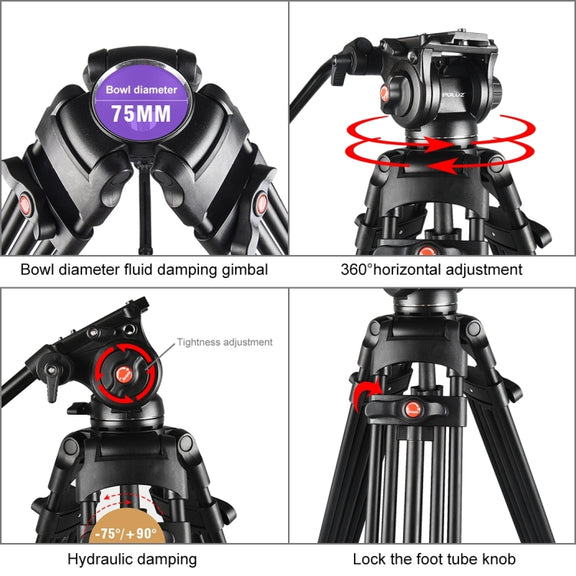 PULUZ Professional Heavy Duty Video Camcorder Aluminum Alloy Tripod with Fluid Drag Head for DSLR / SLR Camera, Adjustable Height: 80-160cm(Black)