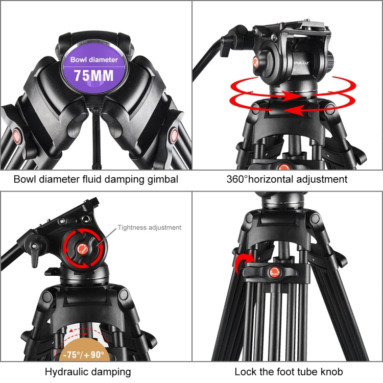 PULUZ Professional Heavy Duty Video Camcorder Aluminum Alloy Tripod with Fluid Drag Head for DSLR / SLR Camera, Adjustable Height: 80-160cm(Black)