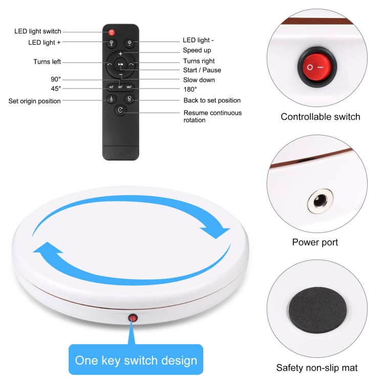 PULUZ 45cm Remote Control Adjusting Speed Rotating Turntable Display Stand, White, Load 100kg(US Plug) - free shipping - PMC TechLife - Order now!