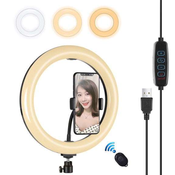 PULUZ 10.2 inch 26cm USB 3 Modes Dimmable Dual Color Temperature LED Curved Diffuse Light Ring Vlogging Selfie Photography Video Lights with Phone Clamp(Black)