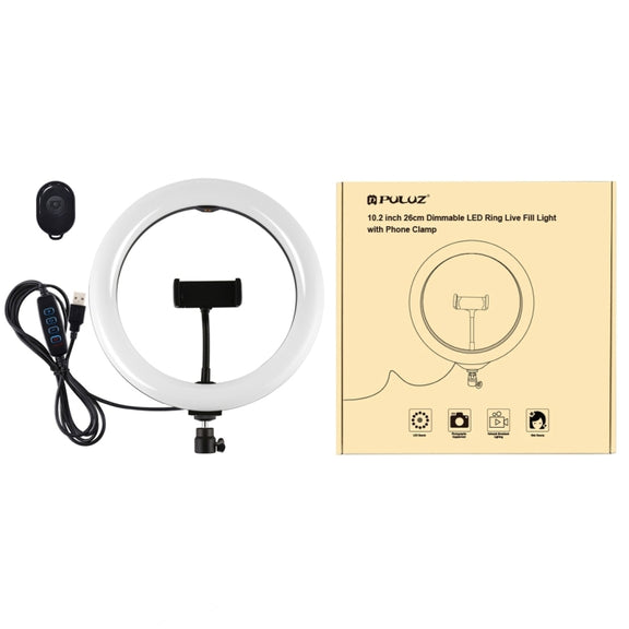 PULUZ 10.2 inch 26cm USB 3 Modes Dimmable Dual Color Temperature LED Curved Diffuse Light Ring Vlogging Selfie Photography Video Lights with Phone Clamp(Black)