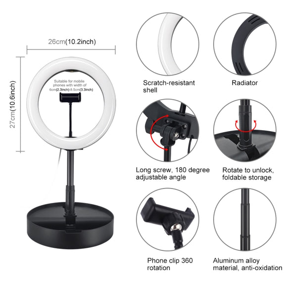 PULUZ 10.2 inch 26cm USB 3 Modes Dimmable Dual Color Temperature LED Curved  Ring Vlogging Selfie Photography Video Lights with Bluetooth Remote Shutter & Folding Desktop Holder & Phone Clamp(Black)
