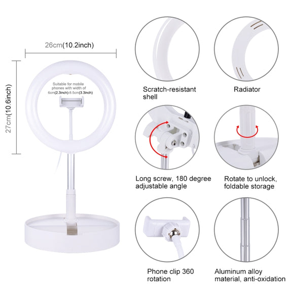 PULUZ 10.2 inch 26cm USB 3 Modes Dimmable Dual Color Temperature LED Curved  Ring Vlogging Selfie Photography Video Lights with Bluetooth Remote Shutter & Folding Desktop Holder & Phone Clamp(White)