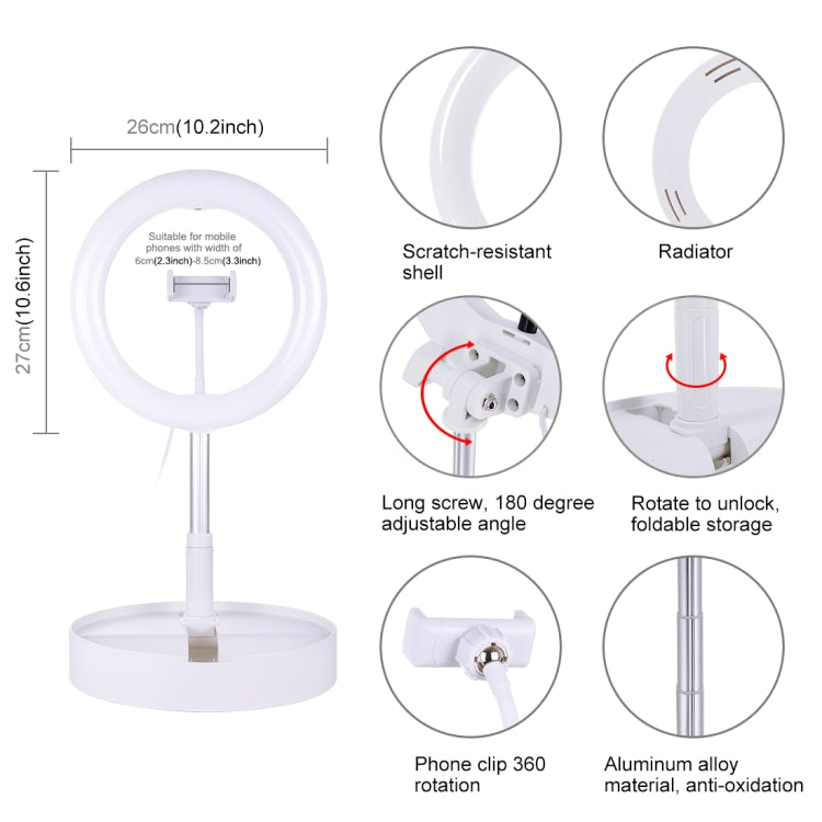 PULUZ 10.2 inch 26cm USB 3 Modes Dimmable Dual Color Temperature LED Curved  Ring Vlogging Selfie Photography Video Lights with Bluetooth Remote Shutter & Folding Desktop Holder & Phone Clamp(White)