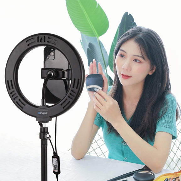 PULUZ 7.9 inch 20cm USB RGB Dimmable LED Dual Color Temperature LED Curved Light Ring Vlogging Selfie Photography Video Lights with Phone Clamp(Black)