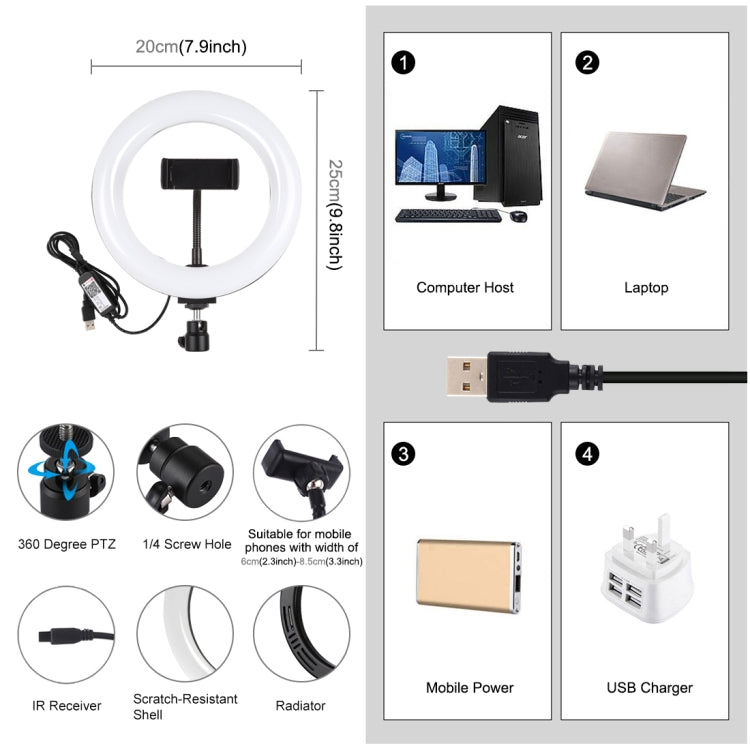 PULUZ 7.9 inch 20cm USB RGB Dimmable LED Dual Color Temperature LED Curved Light Ring Vlogging Selfie Photography Video Lights with Phone Clamp(Black)