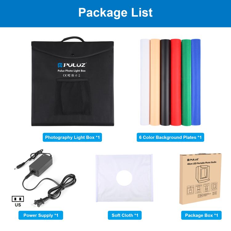PULUZ 40cm Folding Portable White Light Dimmable Photo Lighting Studio Shooting Tent Box Kit with 6 Colors (Black, Orange, White, Red, Green, Blue) Backdrops(US Plug)