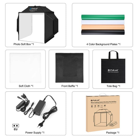 PULUZ 40cm Folding 72W 5500K Studio Shooting Tent Soft Box Photography Lighting Kit with 4 Colors (Black, Orange, White, Green) Backdrops(EU Plug)