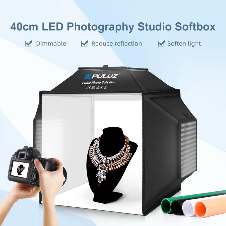 PULUZ 40cm Folding 72W 5500K Studio Shooting Tent Soft Box Photography Lighting Kit with 4 Colors (Black, Orange, White, Green) Backdrops(UK Plug) - free shipping - PMC TechLife - Order now!