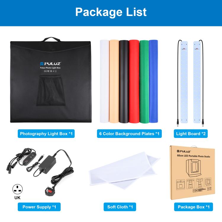 PULUZ Photo Studio Light Box Portable 60 x 60 x 60 cm Light Tent LED 5500K White Light Dimmable Mini 36W Photography Studio Tent Kit with 6 Removable Backdrops (Black Orange White Green Blue Red)(UK Plug) - free shipping - PMC Jewellery - Order now!