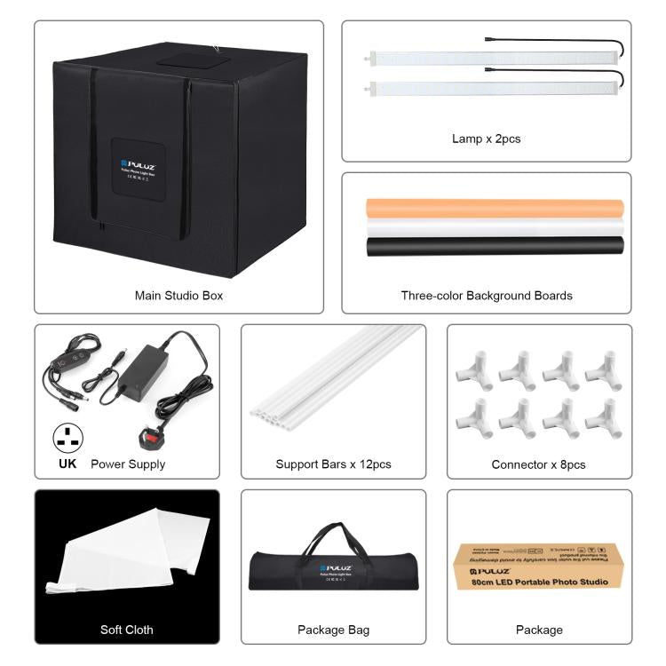 PULUZ 80cm Folding Portable 72W White Light Photo Lighting Studio Shooting Tent Box Kit with 3 Colors Black / White / Orange Backdrops(UK Plug)