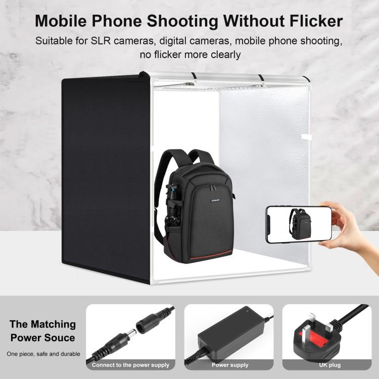 PULUZ 80cm Folding Portable 72W White Light Photo Lighting Studio Shooting Tent Box Kit with 3 Colors Black / White / Orange Backdrops(UK Plug)