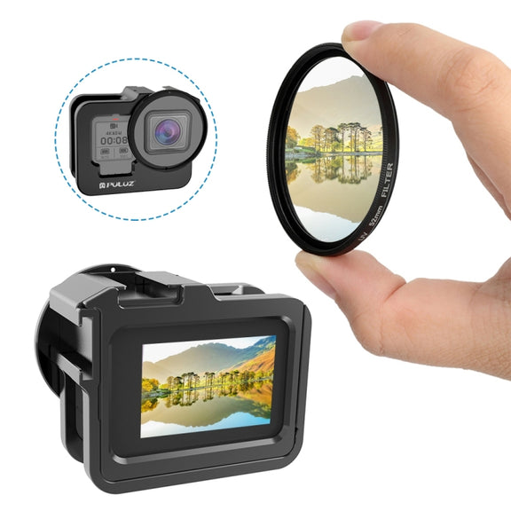 PULUZ for GoPro HERO13 Black /12 Black /11 Black /10 Black /9 Black Thicken Housing Shell CNC Aluminum Alloy Protective Cage with Insurance Frame & 52mm UV Lens(Black)