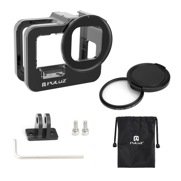 PULUZ for GoPro HERO13 Black /12 Black /11 Black /10 Black /9 Black Thicken Housing Shell CNC Aluminum Alloy Protective Cage with Insurance Frame & 52mm UV Lens(Black)