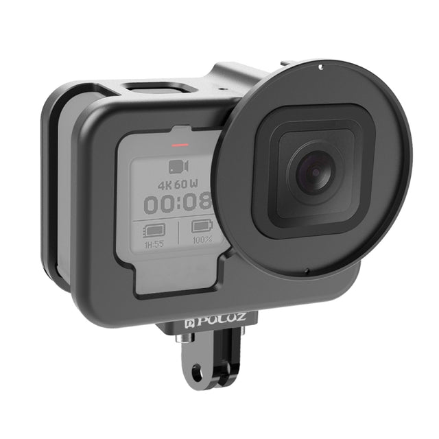 For GoPro HERO13 Black /12 Black /11 Black /10 Black /9 Black PULUZ Thin Housing Shell CNC Aluminum Alloy Protective Cage with Insurance Frame & 52mm UV Lens(Black)