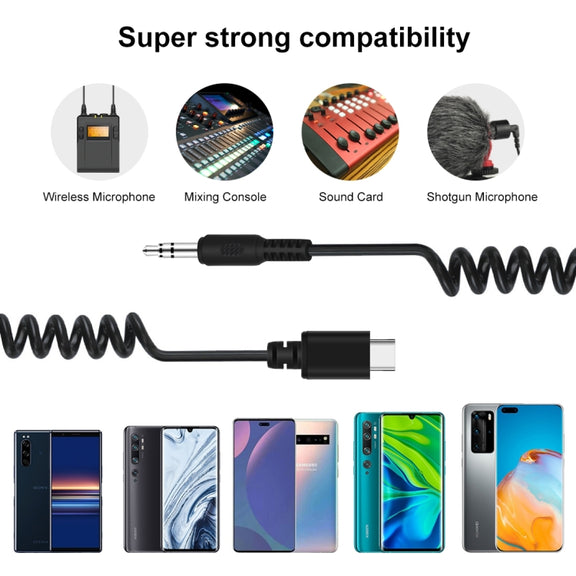 PULUZ 3.5mm TRRS Male to Type-C / USB-C Male Live Microphone Audio Adapter Spring Coiled Cable for Samsung, Huawei and Smartphones, Cable Stretching to 100cm(Black)