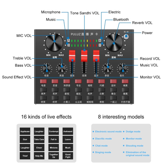 PULUZ Live Broadcasting Sound Card Bluetooth Karaoke Singing Recording Sound Mixer for Mobile Phone / Computer / Laptop / Tablet PC, Chinese Version(Black)
