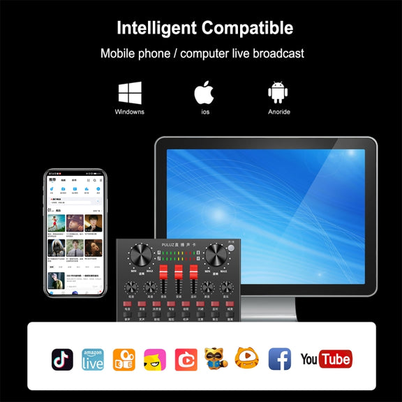 PULUZ Live Broadcasting Sound Card Bluetooth Karaoke Singing Recording Sound Mixer for Mobile Phone / Computer / Laptop / Tablet PC, Chinese Version(Black)