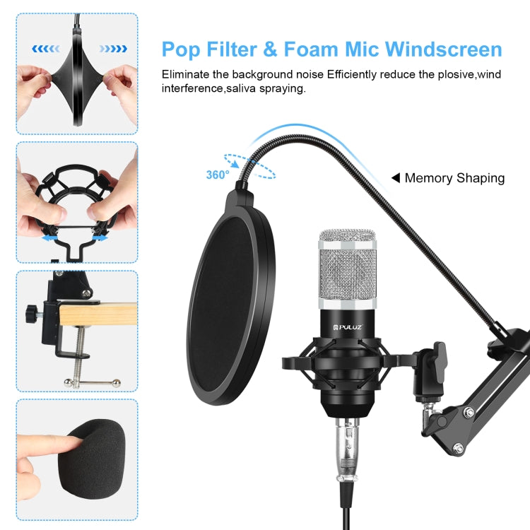 PULUZ Studio Broadcast Professional Singing Microphone Kits with Suspension Scissor Arm & Metal Shock Mount & USB Sound Card(Silver)
